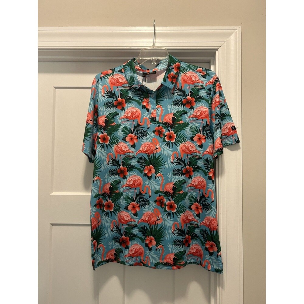 New Yata Golf Men Polo Flamingos Print Green Pink Size Large Performance Shirts